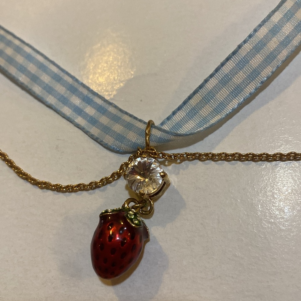 Miu Miu Crystal, Enamel & Ribbon Strawberry Neckl… - image 4